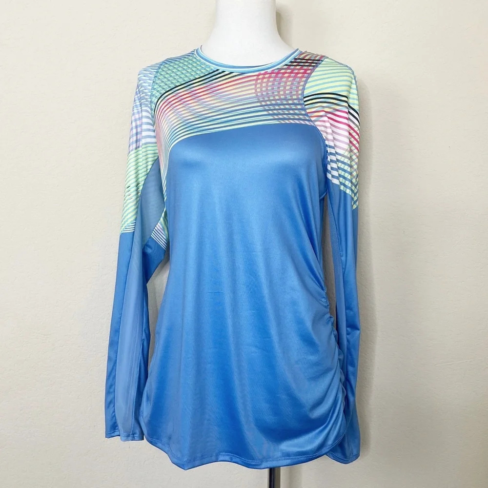 Lucky in Love Count on Me Rainbow Stripe Blue Long Sleeve Partial Zip Top